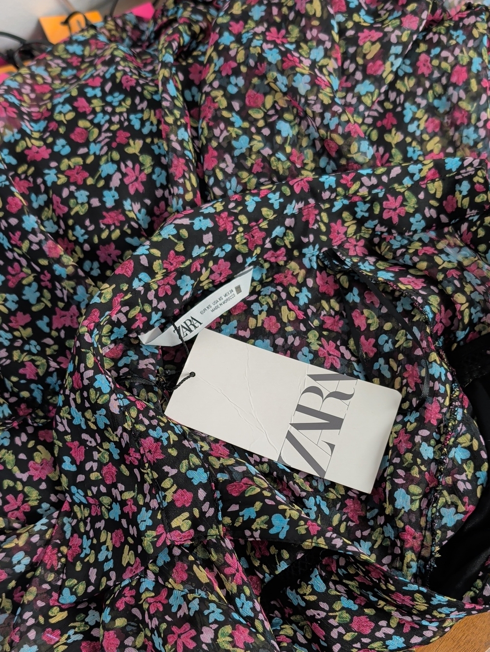 Zara floral print mini dress featuring sheer long sleeves, a ruffle tiered desig - Picture 7 of 7